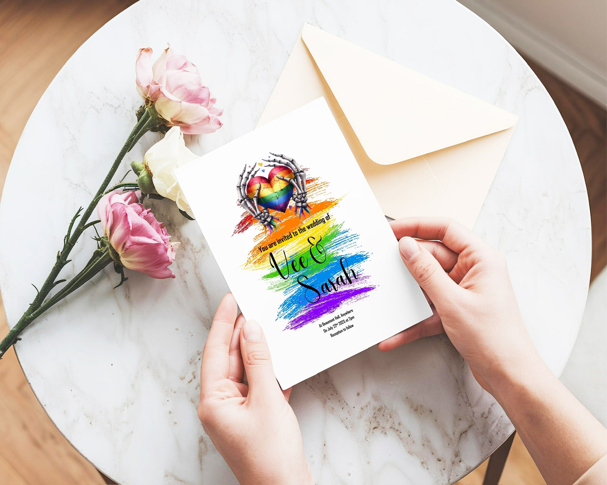Pride Rainbow Skeleton Hands Wedding Party Invitations & Envelopes | Pack of 10
