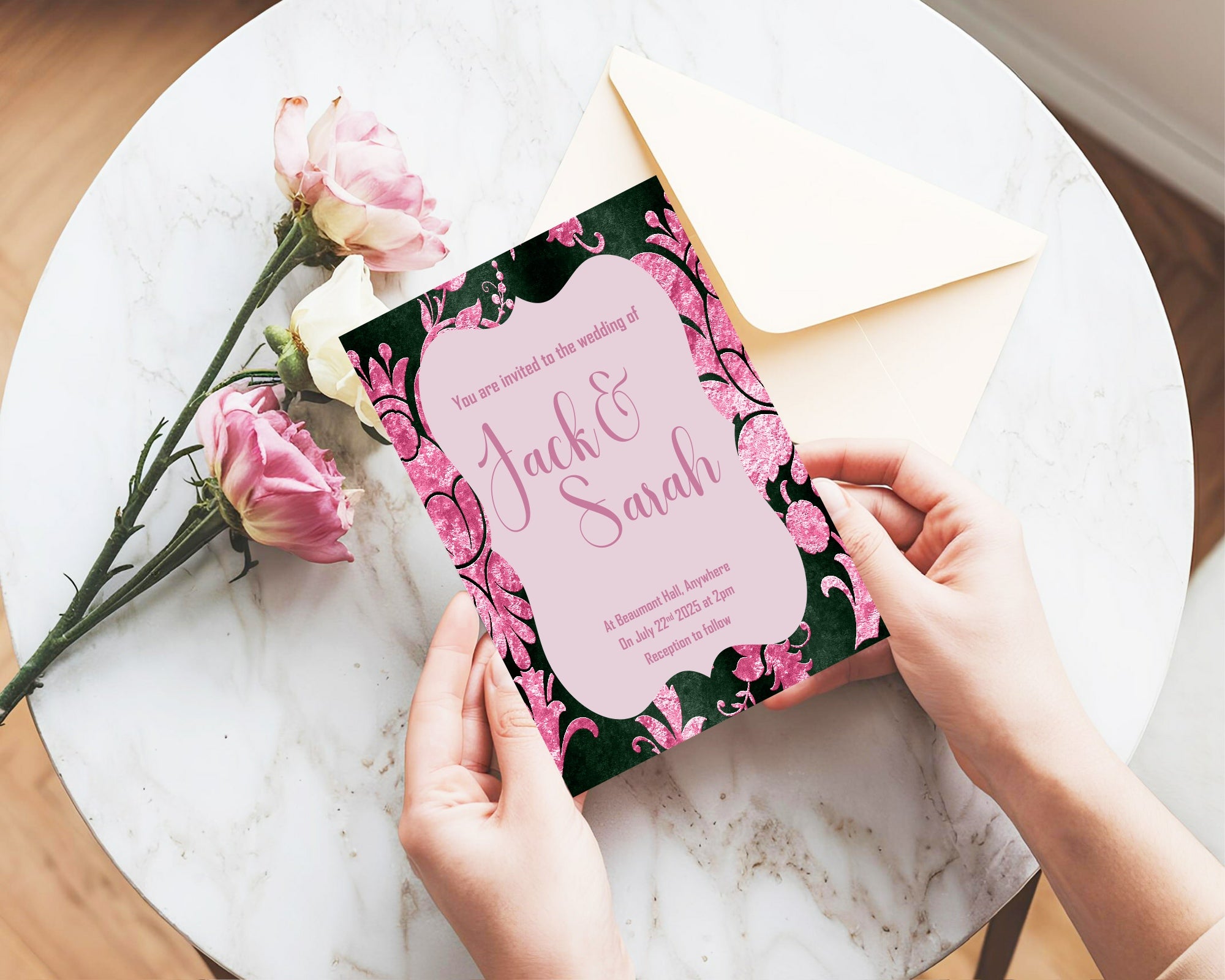 Damask Wedding Party Invitations & Envelopes | Pack of 10 | Green & Pink