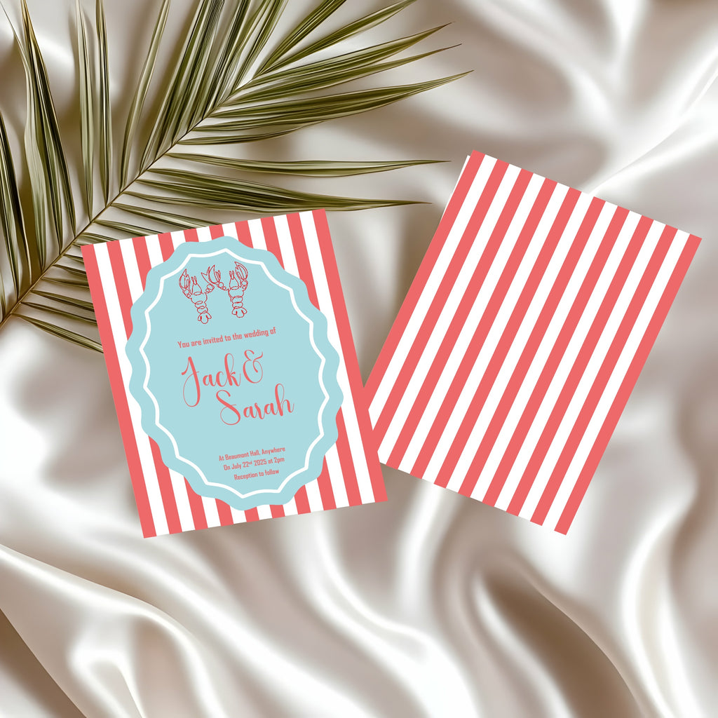 Red & Blue Lobster Wedding Party Invitations & Envelopes | Pack of 10