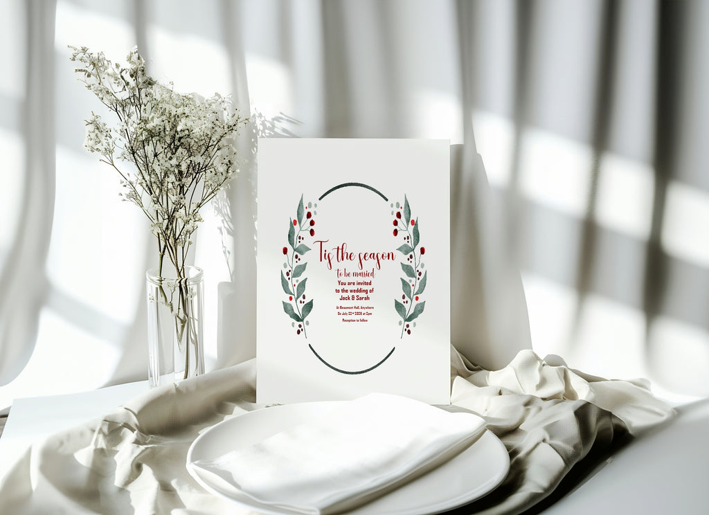 Mistletoe & Berries Oval Wedding Party Invitations & Envelopes | Pack of 10