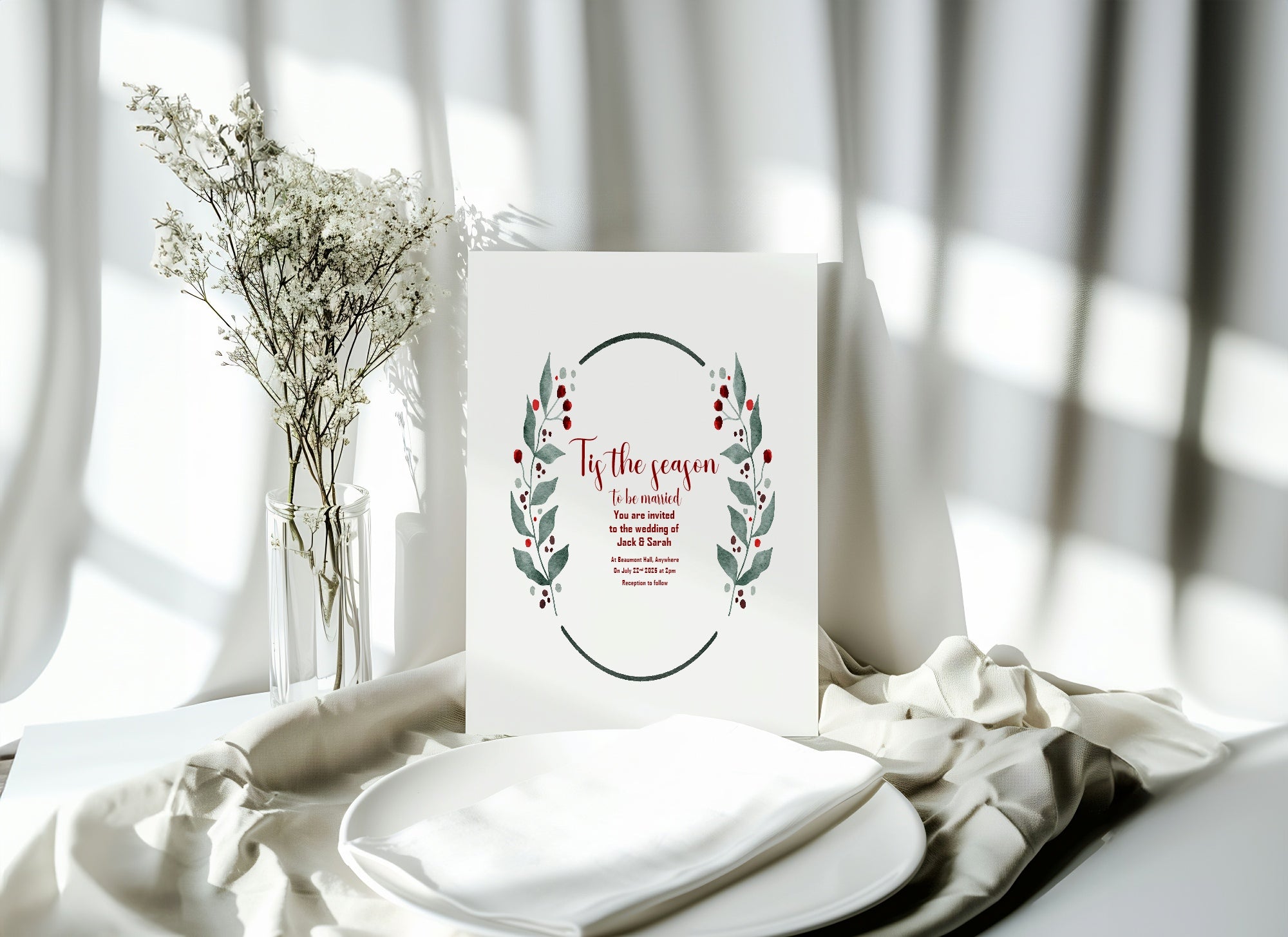Mistletoe & Berries Oval Wedding Party Invitations & Envelopes | Pack of 10