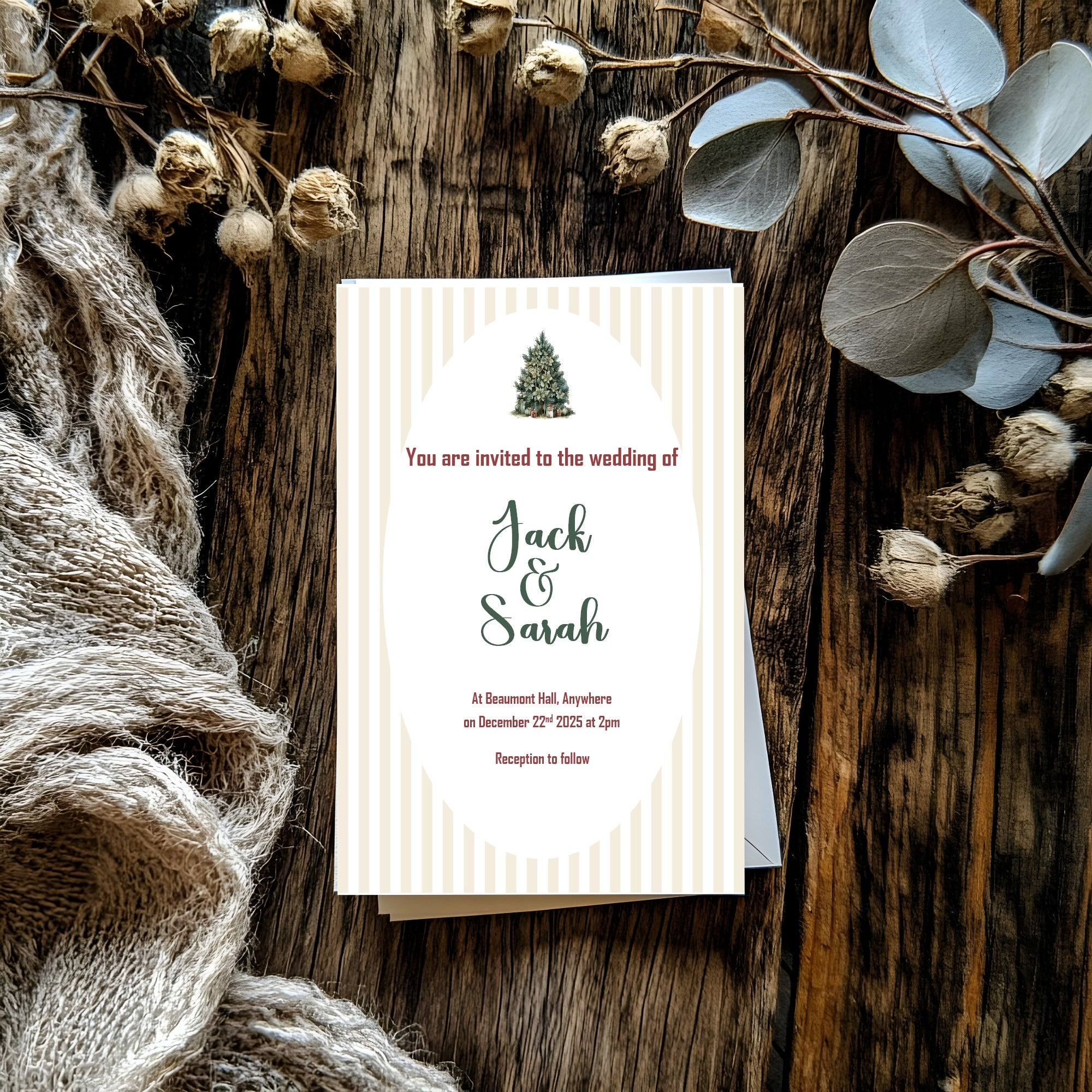 Christmas Tree Winter Wedding Party Invitations & Envelopes | Pack of 10