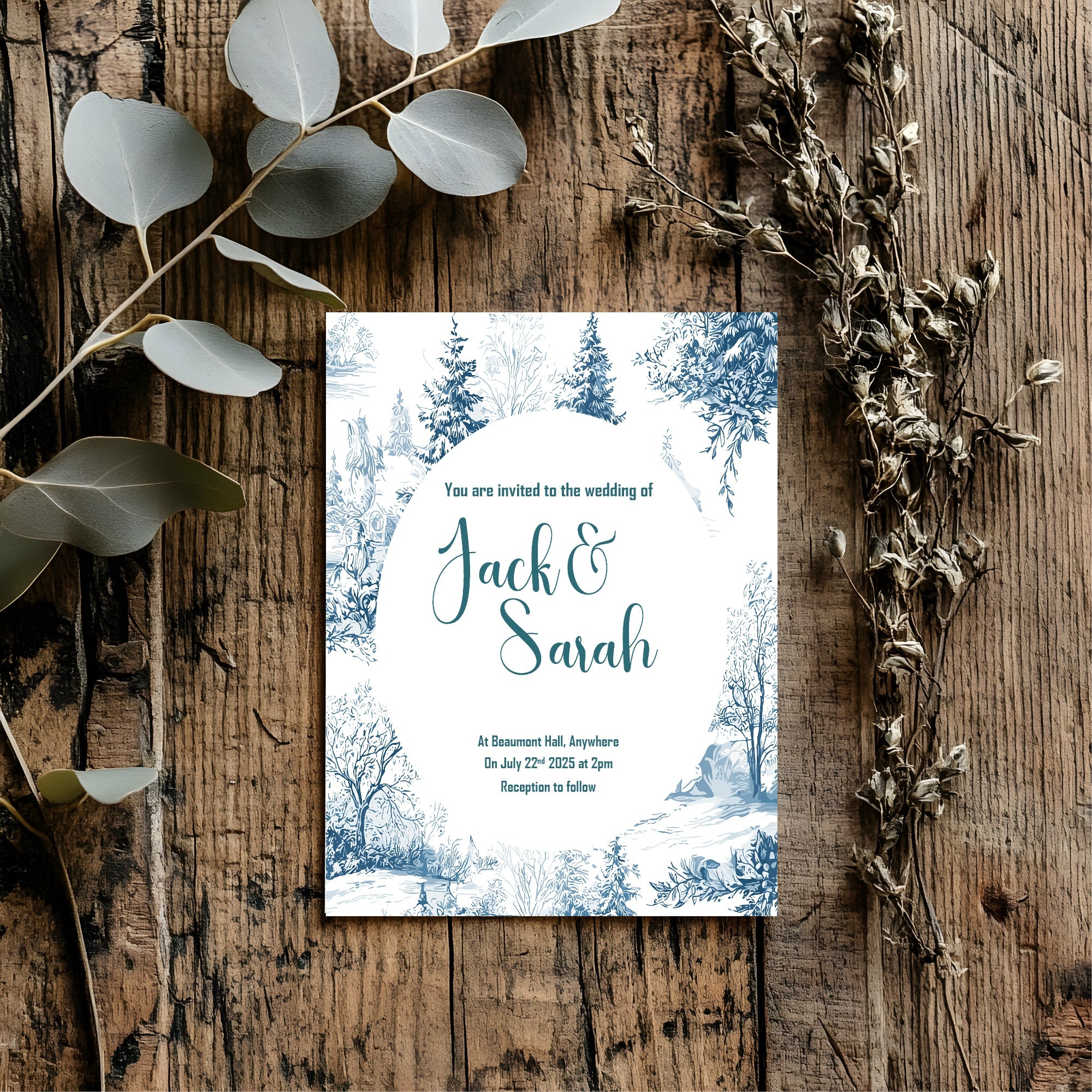 Blue Toile Winter Wedding Party Invitations & Envelopes | Pack of 10