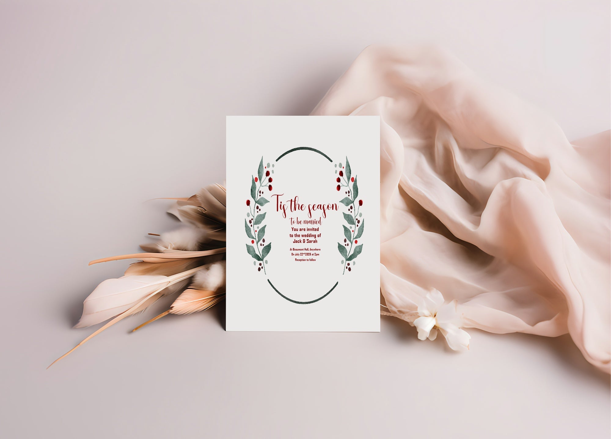 Mistletoe & Berries Oval Wedding Party Invitations & Envelopes | Pack of 10