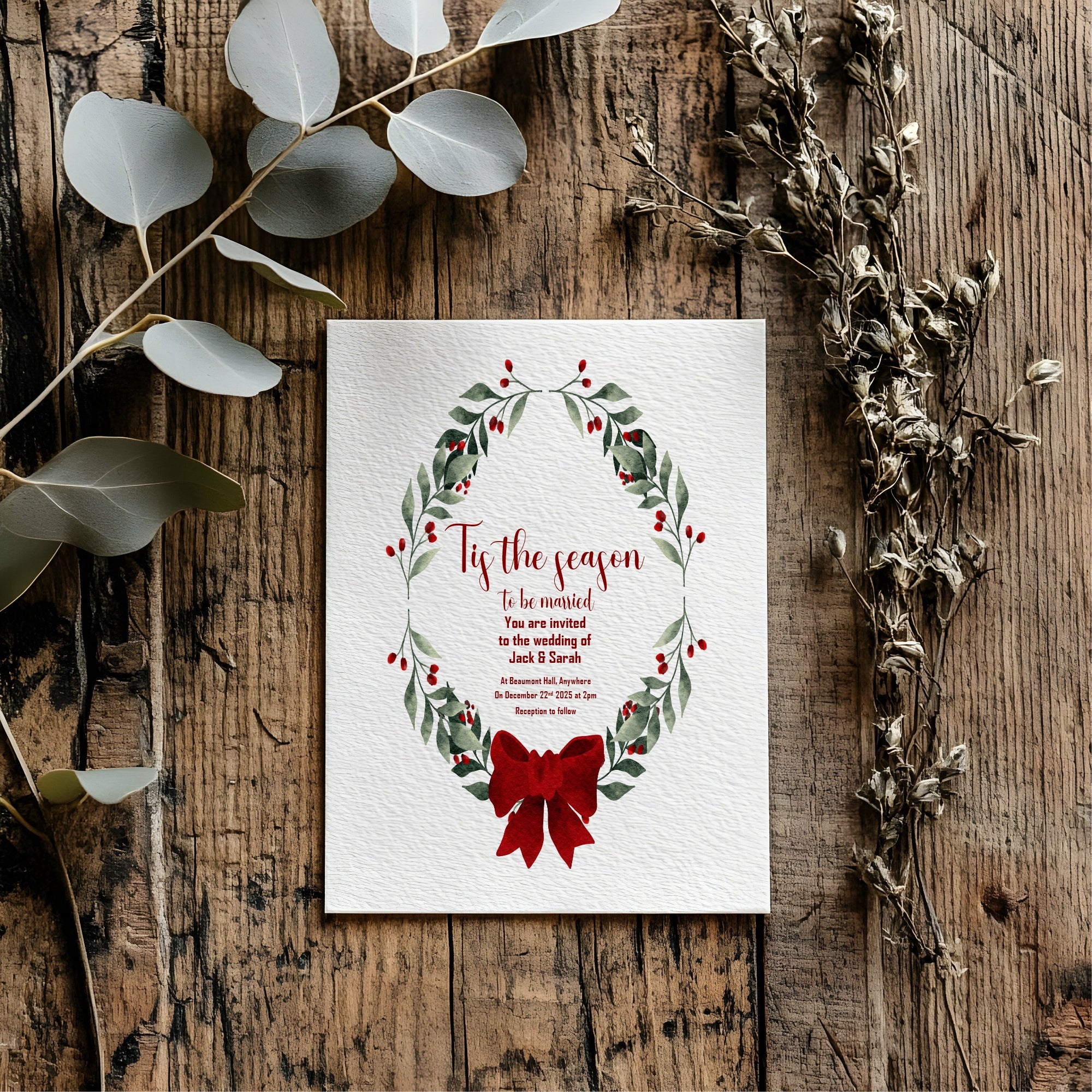 Mistletoe & Bow Wedding Party Invitations & Envelopes | Pack of 10