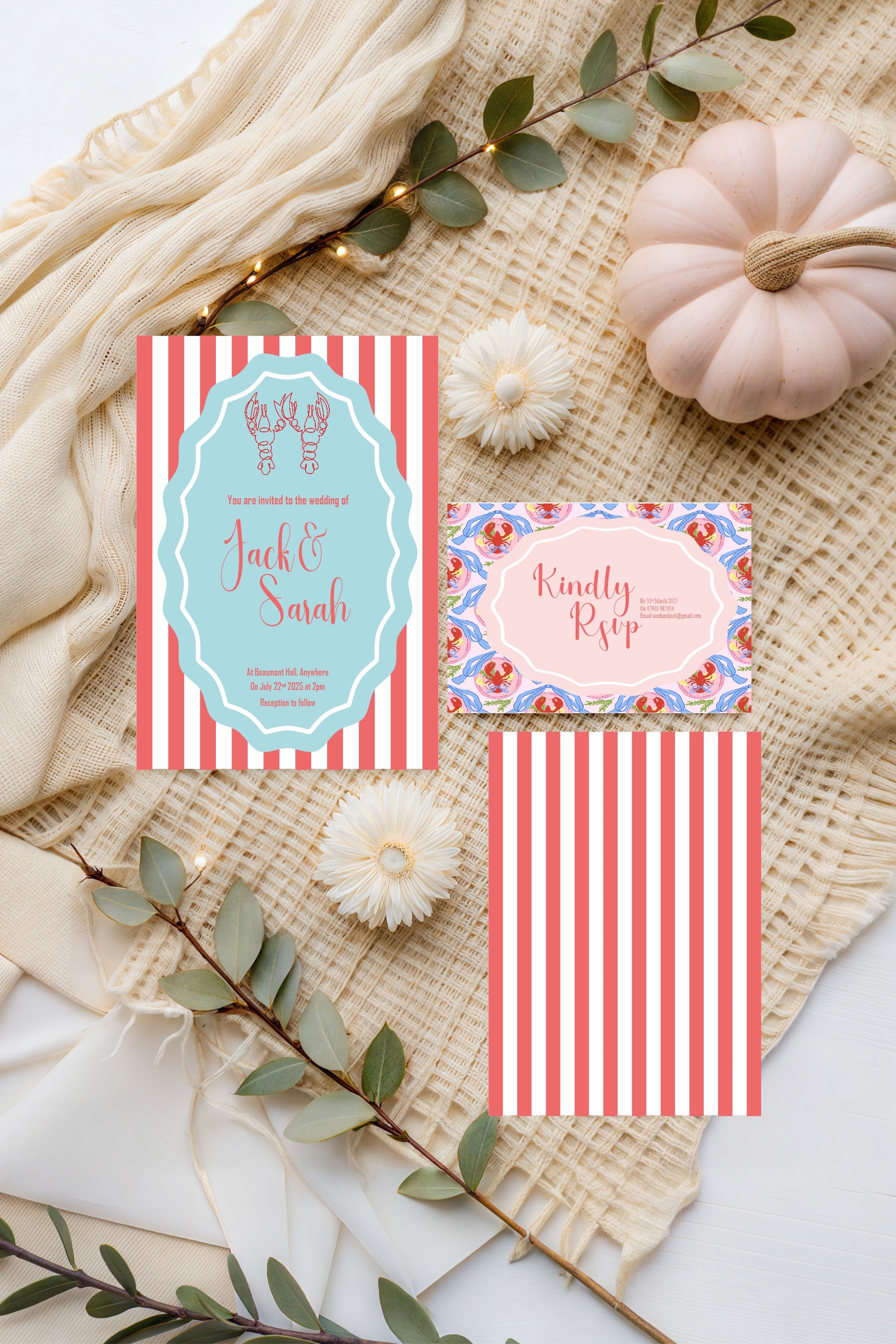 Red & Blue Lobster Wedding Party Invitations & Envelopes | Pack of 10