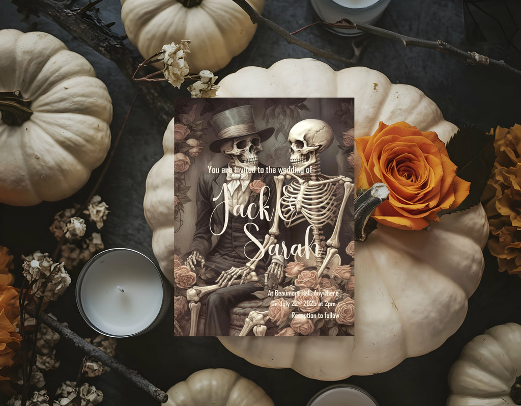 Gothic Skeleton Rose Wedding Party Invitations & Envelopes | Pack of 10