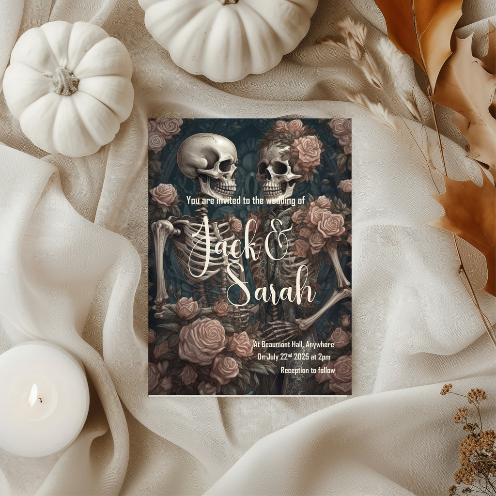 Gothic Skeletons & Roses Wedding Party Invitations & Envelopes | Pack of 10
