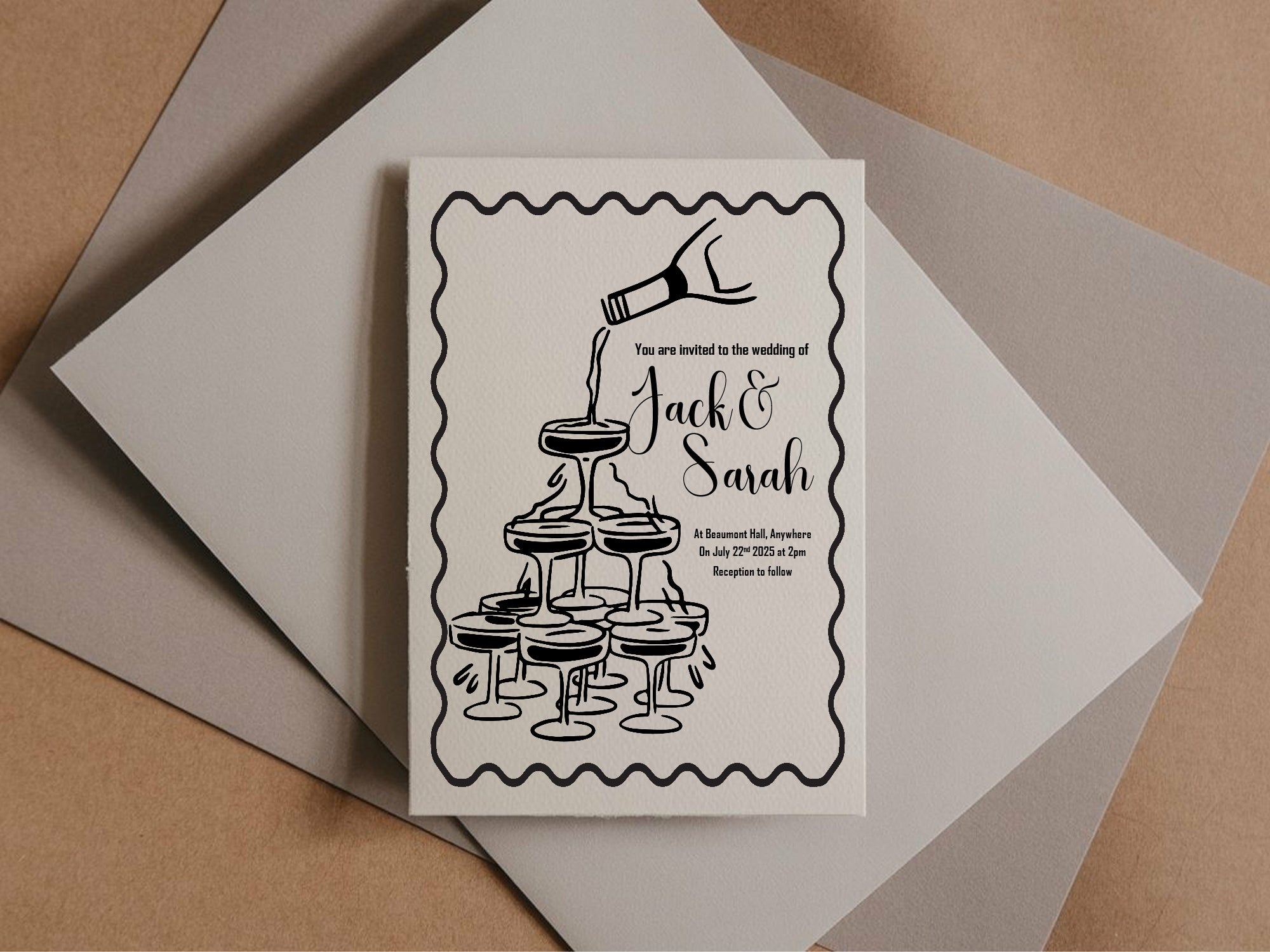 Monochrome Champagne Wedding Party Invitations & Envelopes | Pack of 10