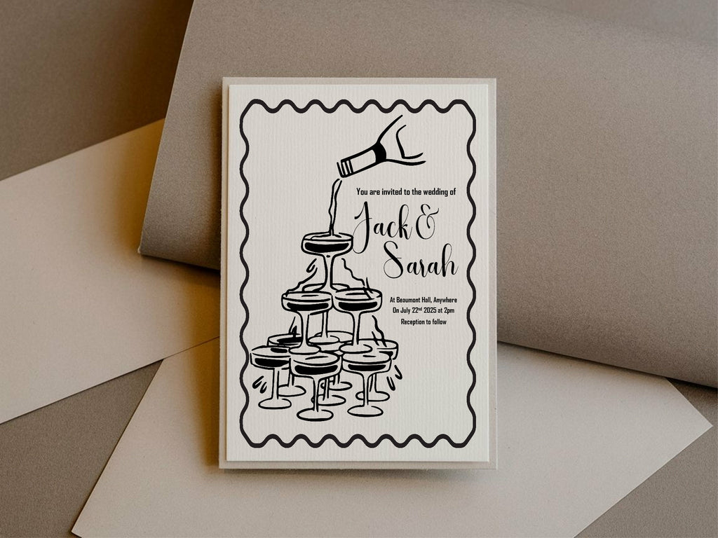 Monochrome Champagne Wedding Party Invitations & Envelopes | Pack of 10
