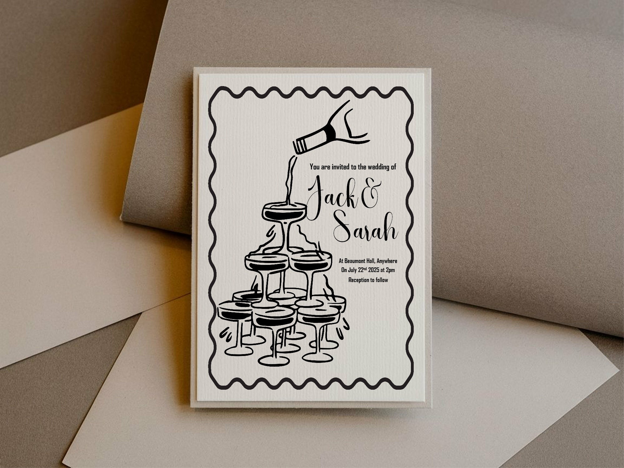 Monochrome Champagne Wedding Party Invitations & Envelopes | Pack of 10