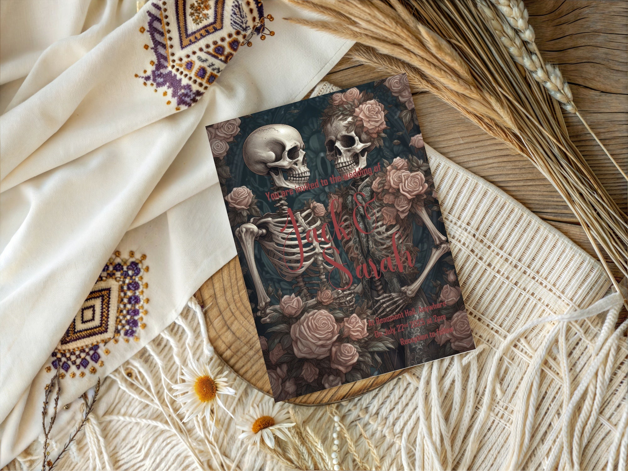 Gothic Skeletons & Roses Wedding Party Invitations & Envelopes | Pack of 10