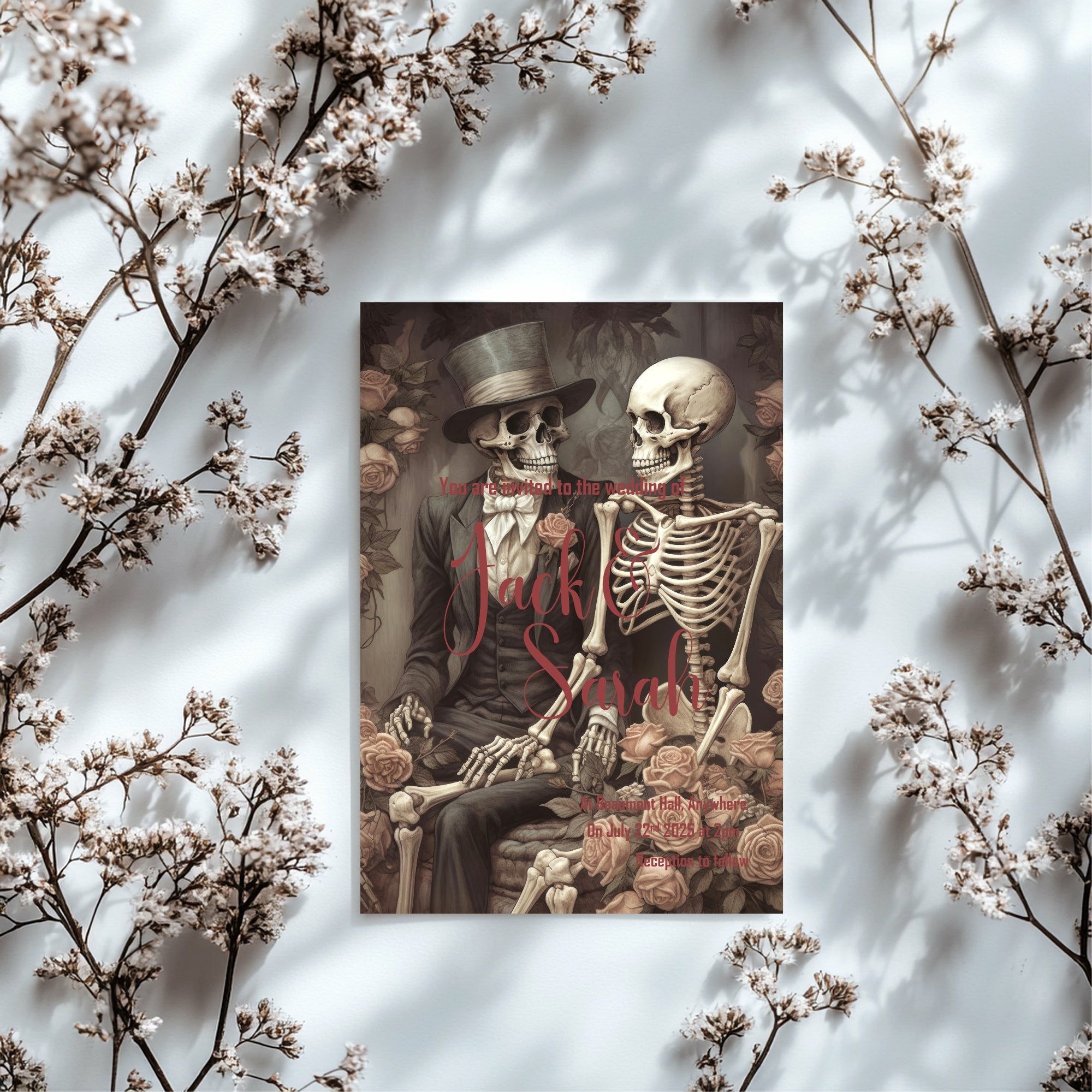 Gothic Skeleton Rose Wedding Party Invitations & Envelopes | Pack of 10