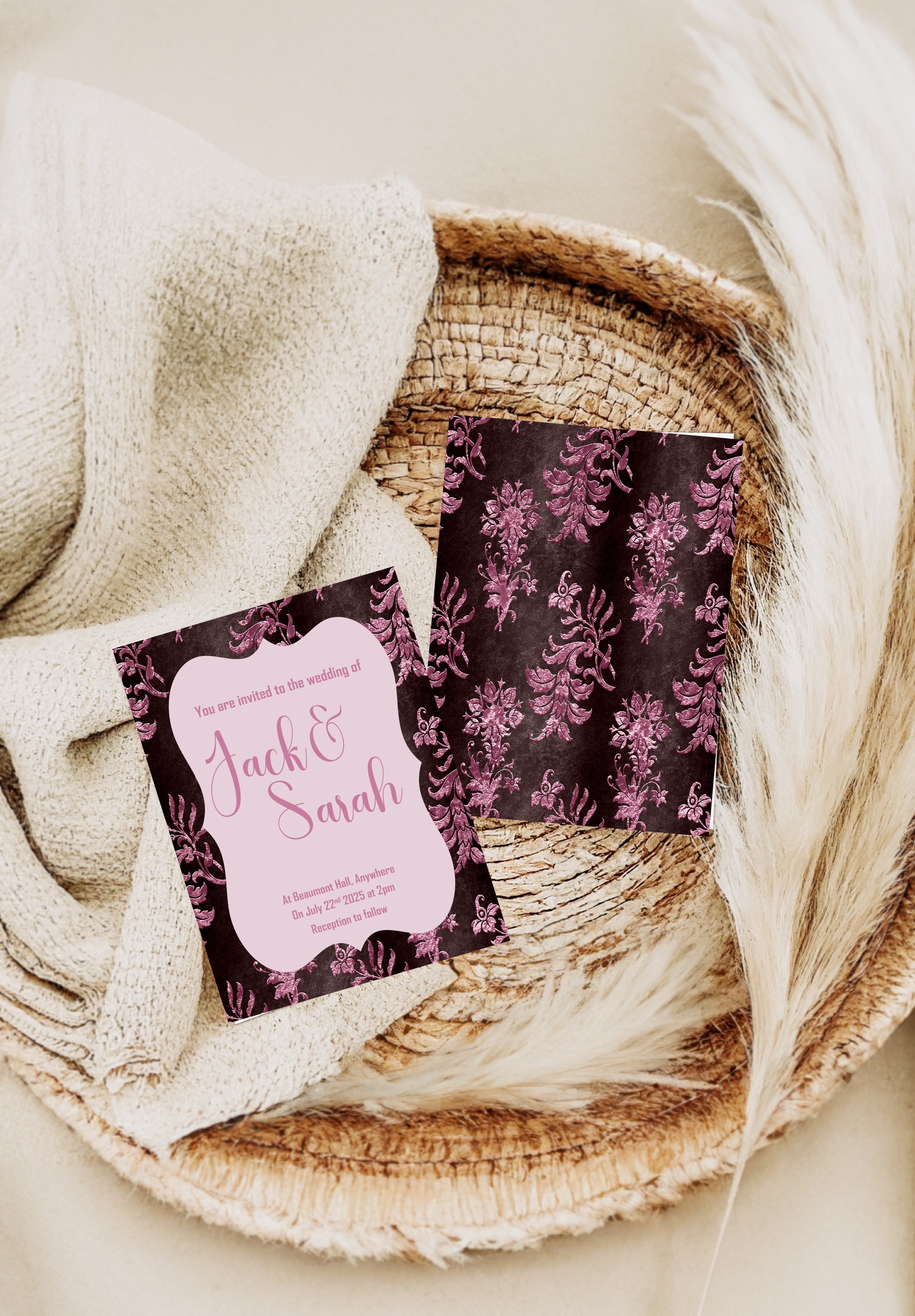 Damask Wedding Party Invitations & Envelopes | Pack of 10 | Chocolate & Pink