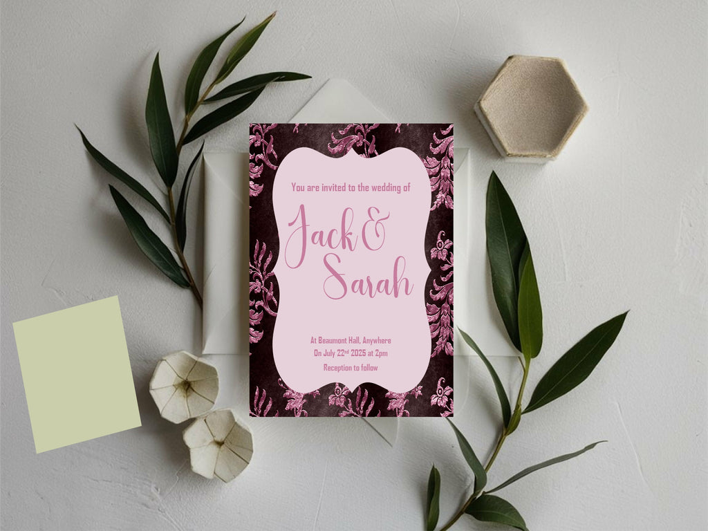 Damask Wedding Party Invitations & Envelopes | Pack of 10 | Chocolate & Pink