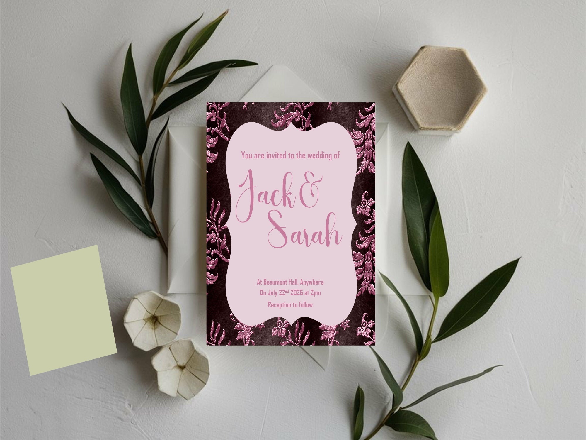 Damask Wedding Party Invitations & Envelopes | Pack of 10 | Chocolate & Pink