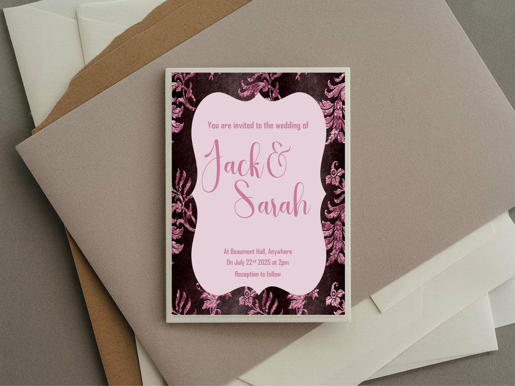 Damask Wedding Party Invitations & Envelopes | Pack of 10 | Chocolate & Pink