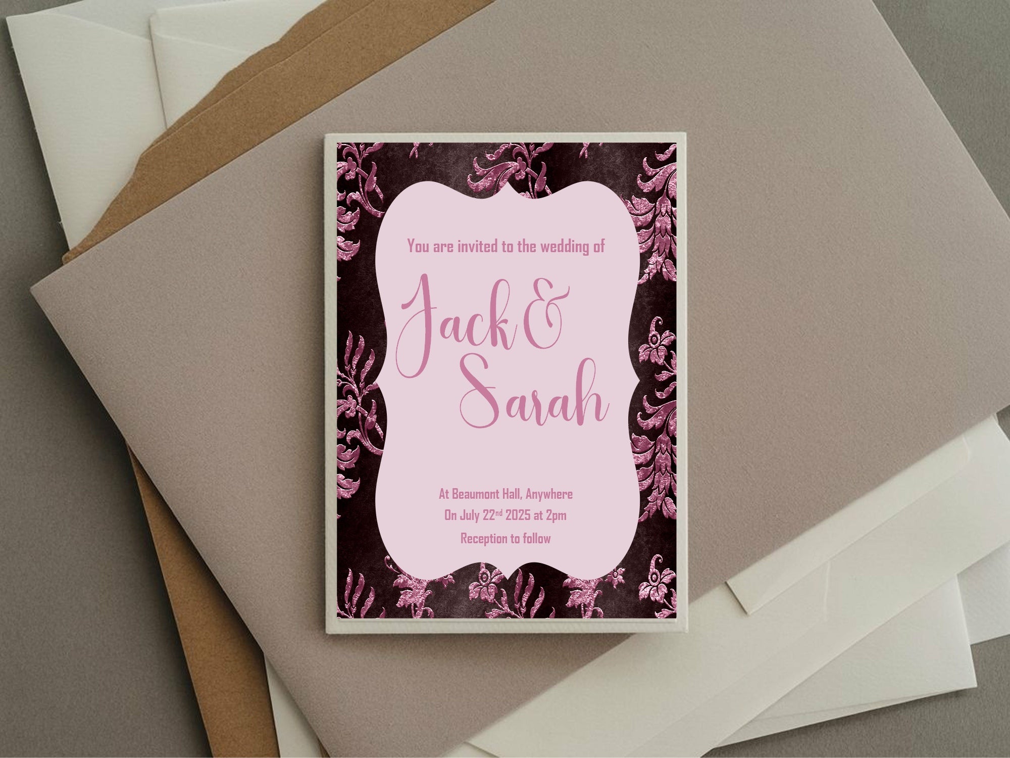 Damask Wedding Party Invitations & Envelopes | Pack of 10 | Chocolate & Pink