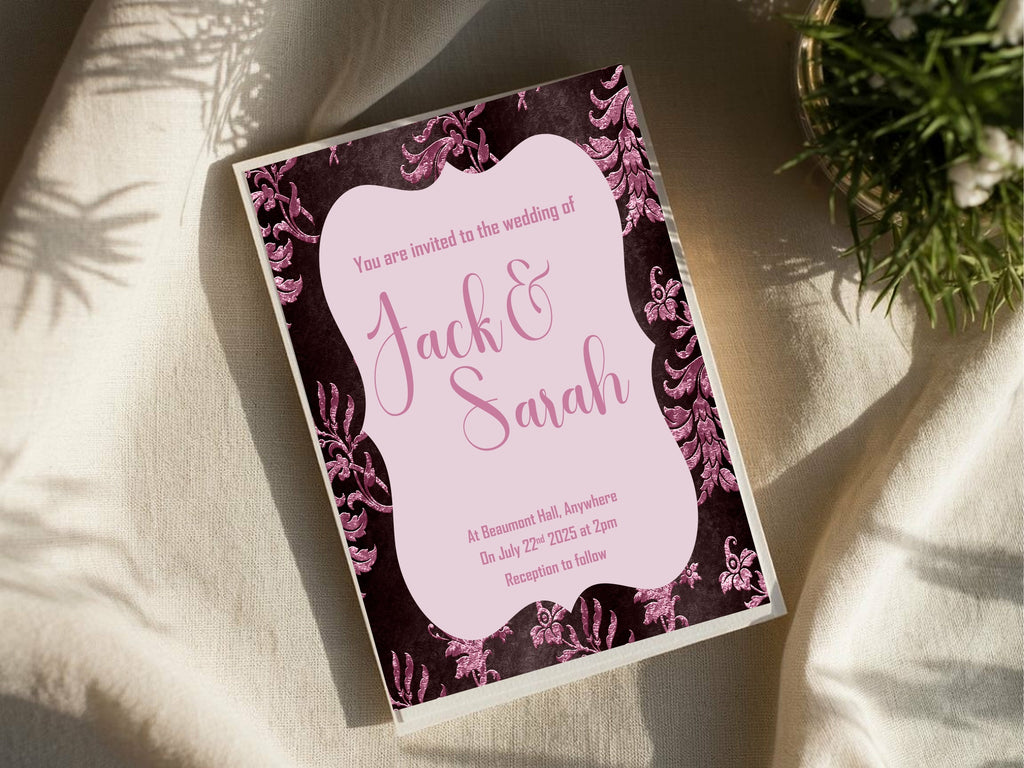 Damask Wedding Party Invitations & Envelopes | Pack of 10 | Chocolate & Pink