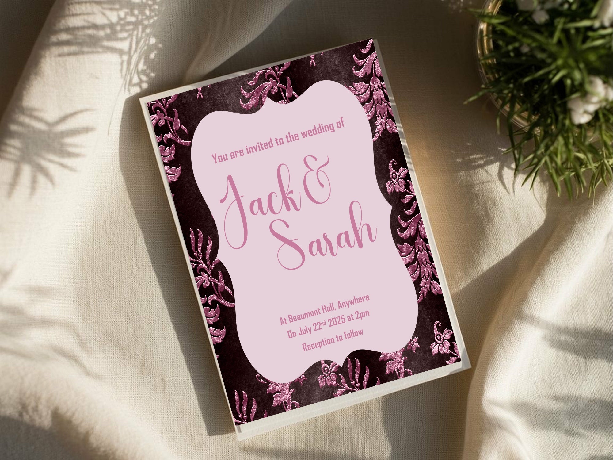 Damask Wedding Party Invitations & Envelopes | Pack of 10 | Chocolate & Pink