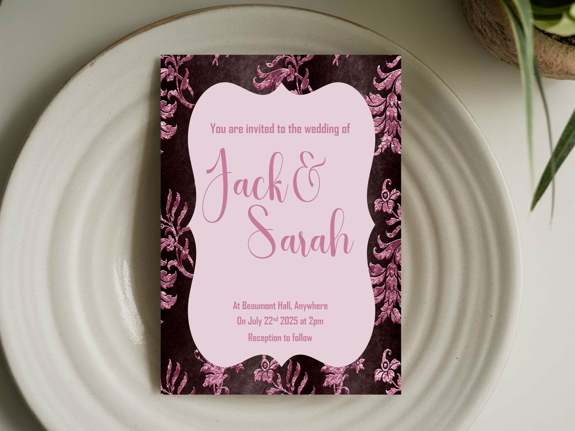 Damask Wedding Party Invitations & Envelopes | Pack of 10 | Chocolate & Pink