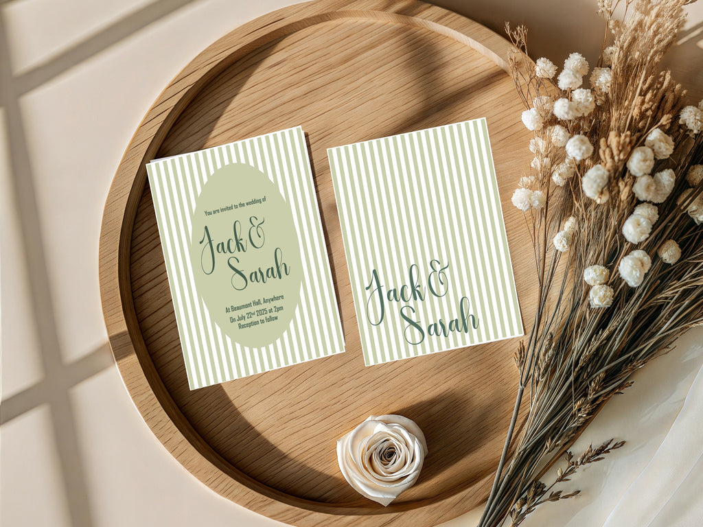 Green Striped Oval Wedding Party Invitations & Envelopes | Pack of 10