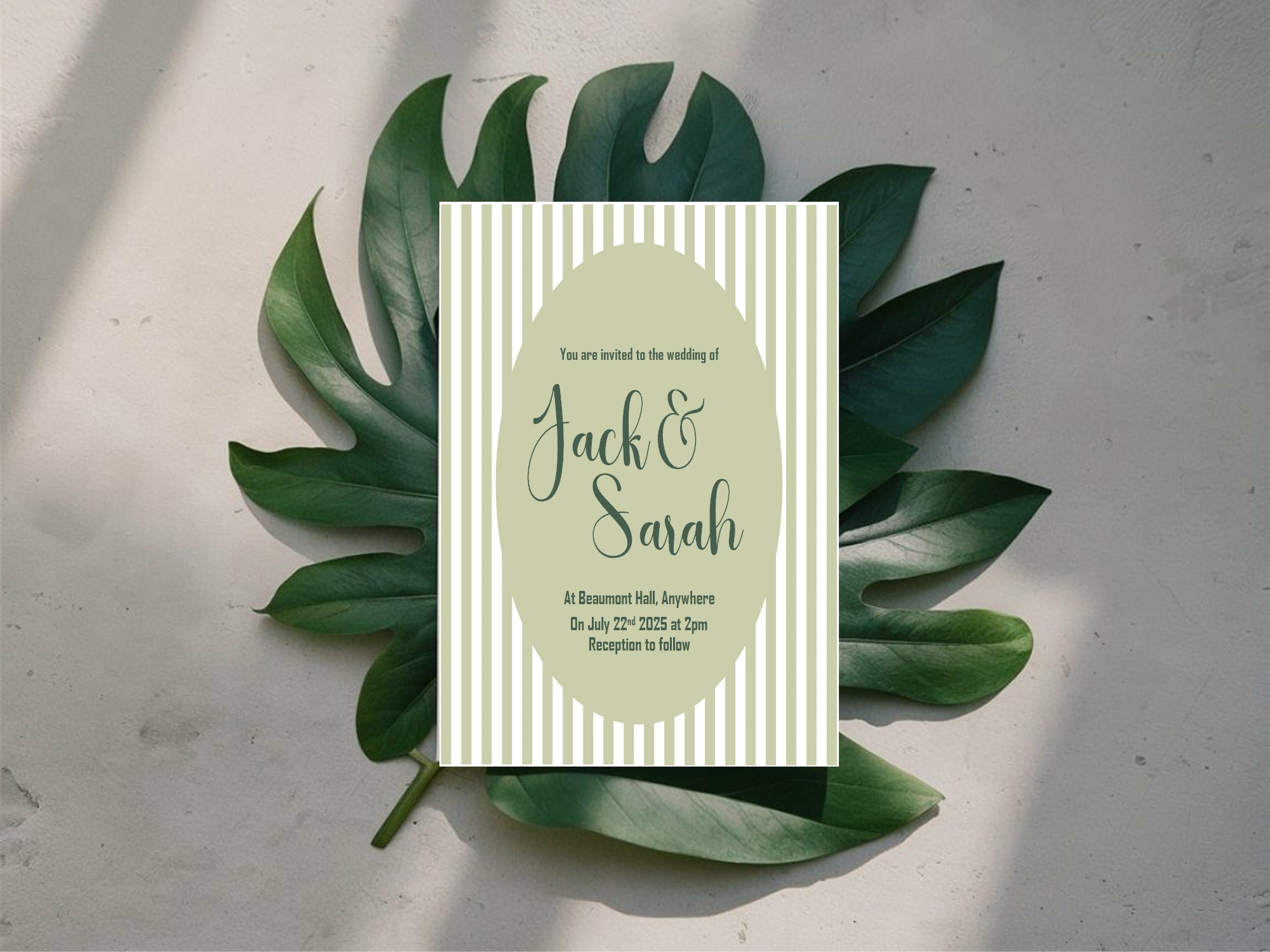 Green Striped Oval Wedding Party Invitations & Envelopes | Pack of 10