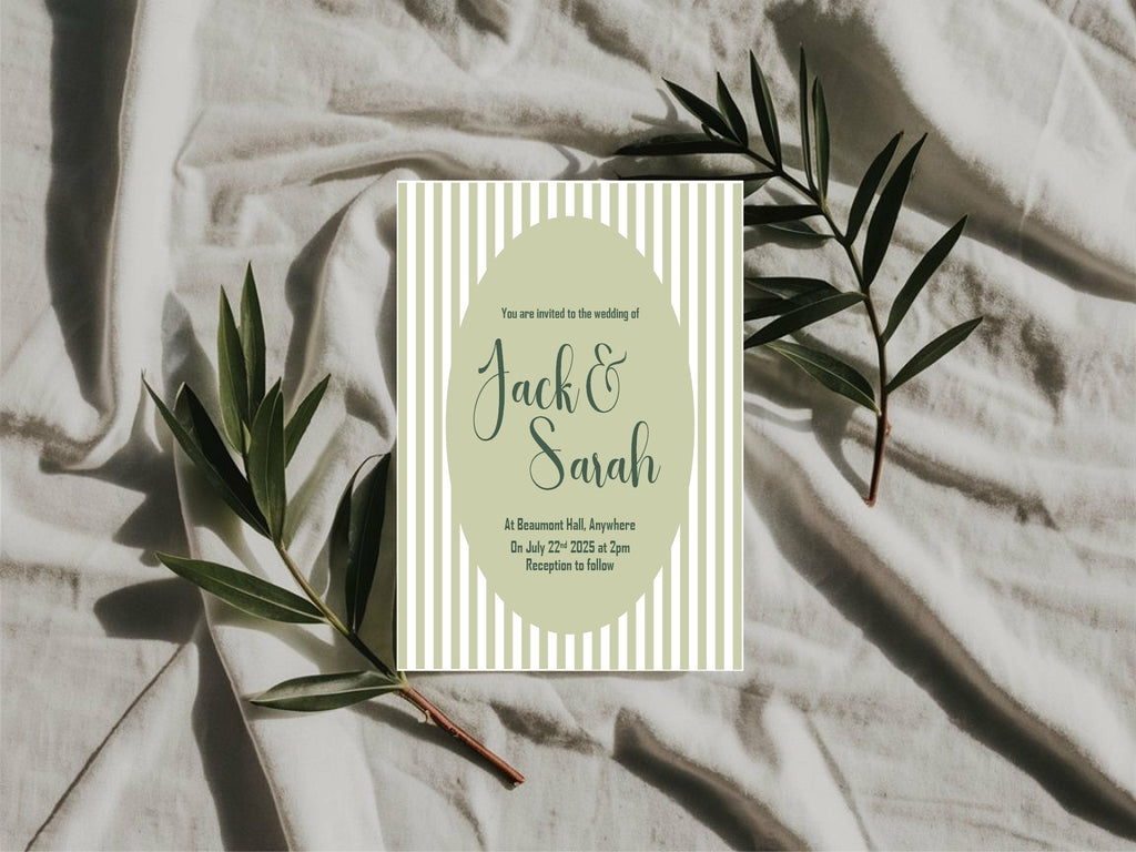 Green Striped Oval Wedding Party Invitations & Envelopes | Pack of 10