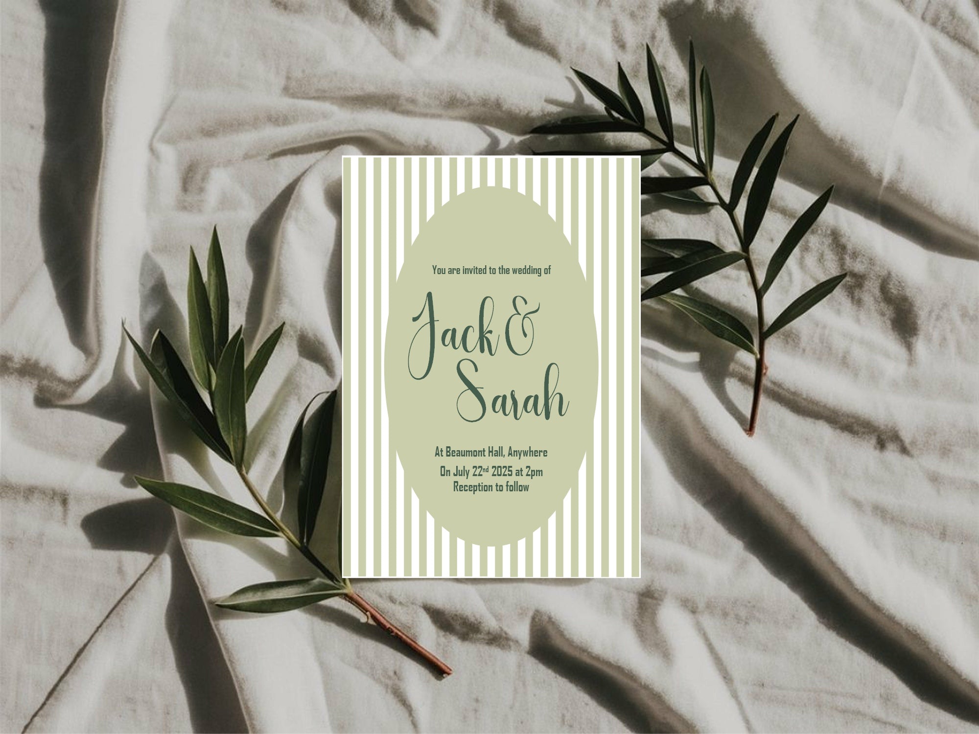 Green Striped Oval Wedding Party Invitations & Envelopes | Pack of 10