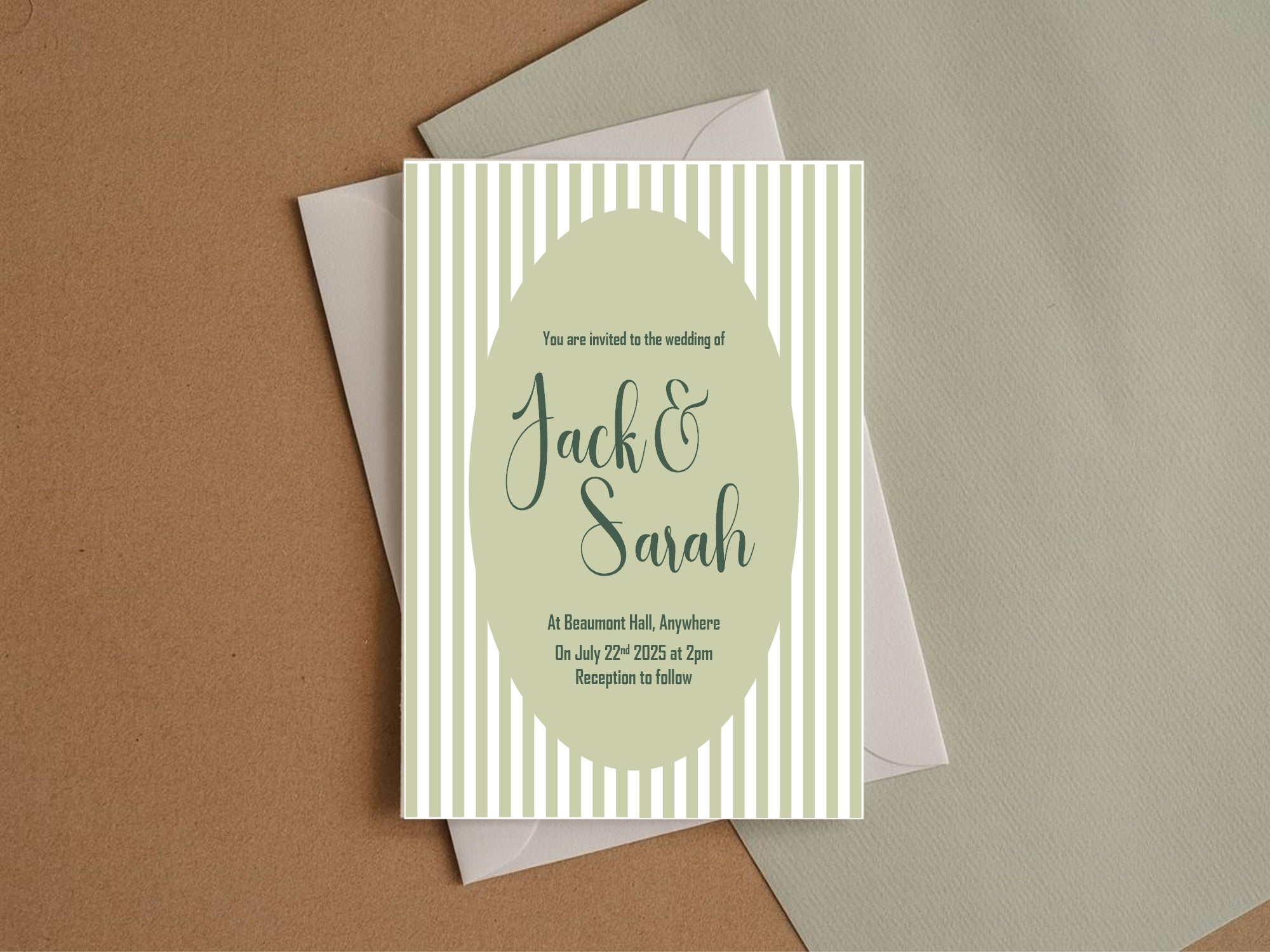 Green Striped Oval Wedding Party Invitations & Envelopes | Pack of 10