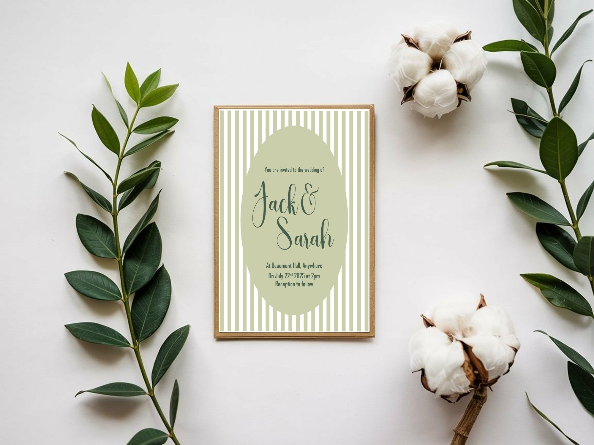 Green Striped Oval Wedding Party Invitations & Envelopes | Pack of 10