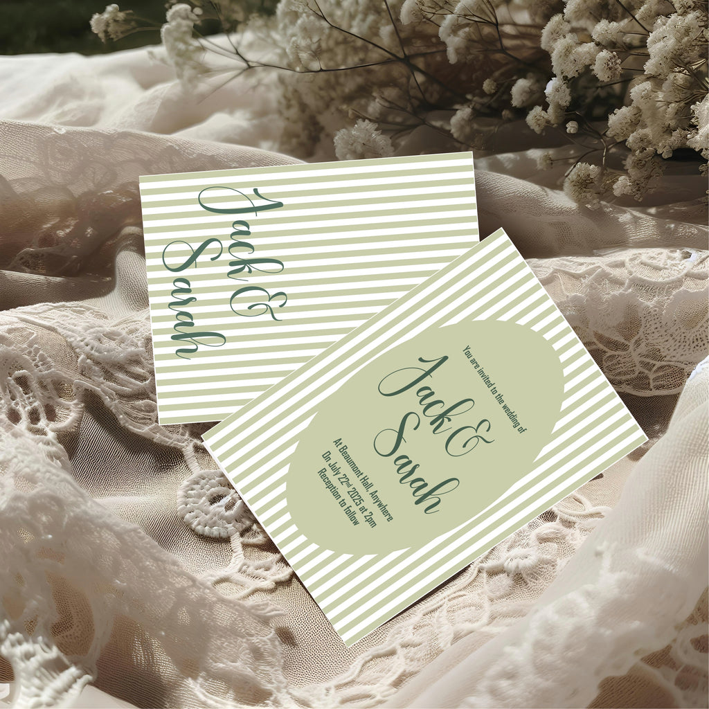Green Striped Oval Wedding Party Invitations & Envelopes | Pack of 10