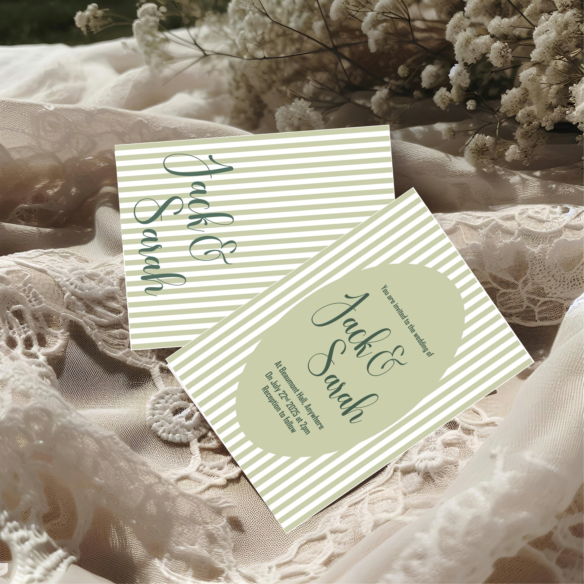 Green Striped Oval Wedding Party Invitations & Envelopes | Pack of 10