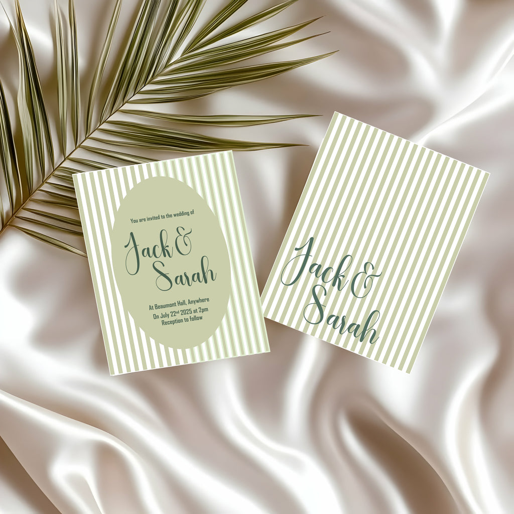 Green Striped Oval Wedding Party Invitations & Envelopes | Pack of 10