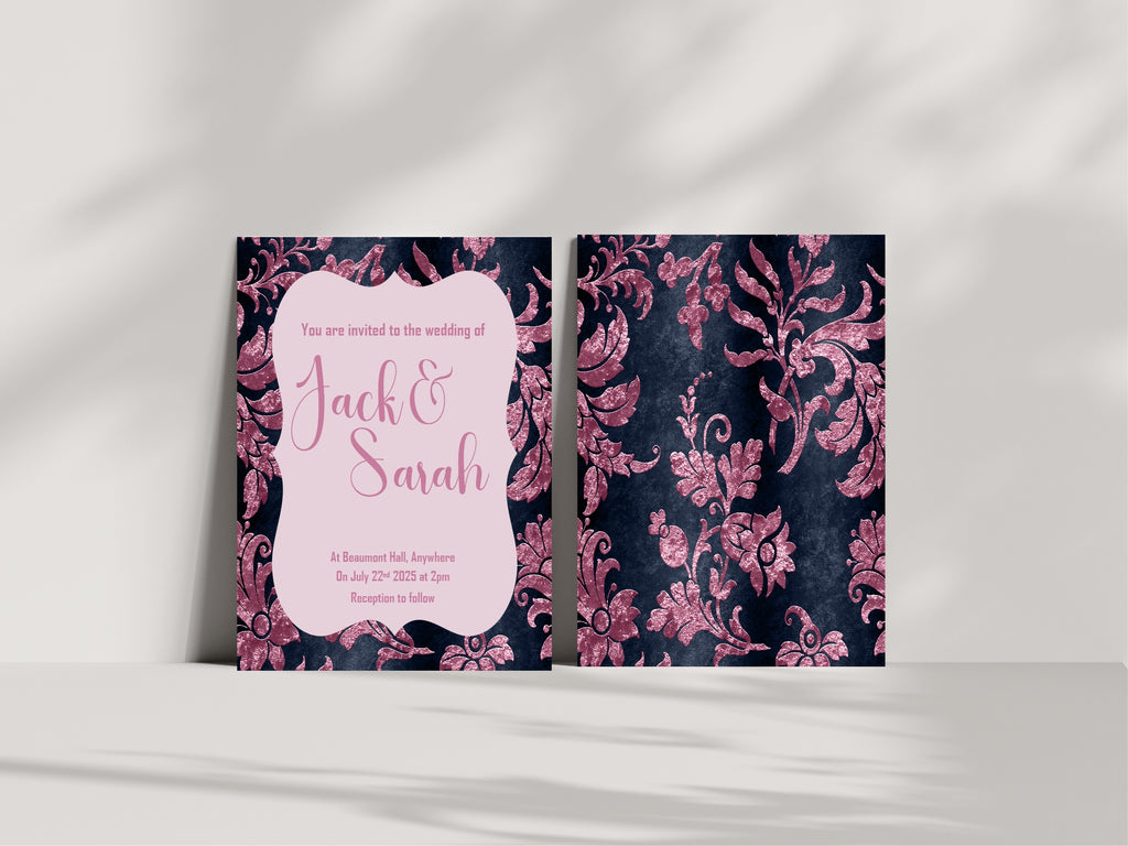 Damask Wedding Party Invitations & Envelopes | Pack of 10 | Navy & Pink