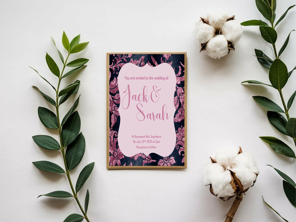 Damask Wedding Party Invitations & Envelopes | Pack of 10 | Navy & Pink