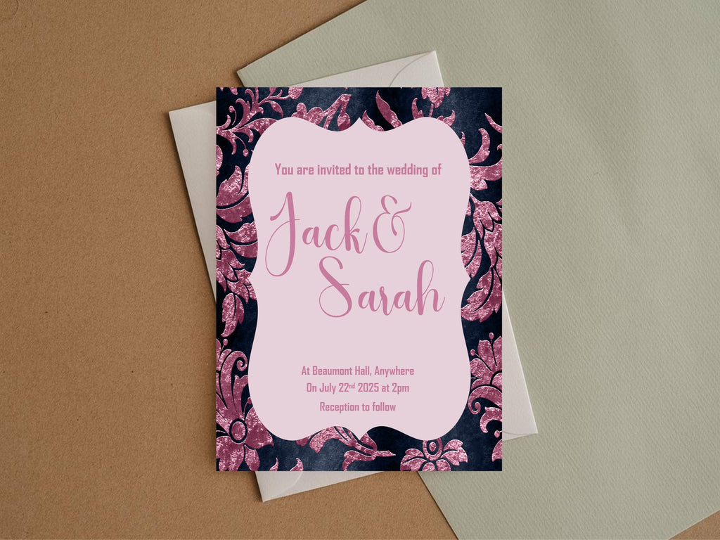 Damask Wedding Party Invitations & Envelopes | Pack of 10 | Navy & Pink