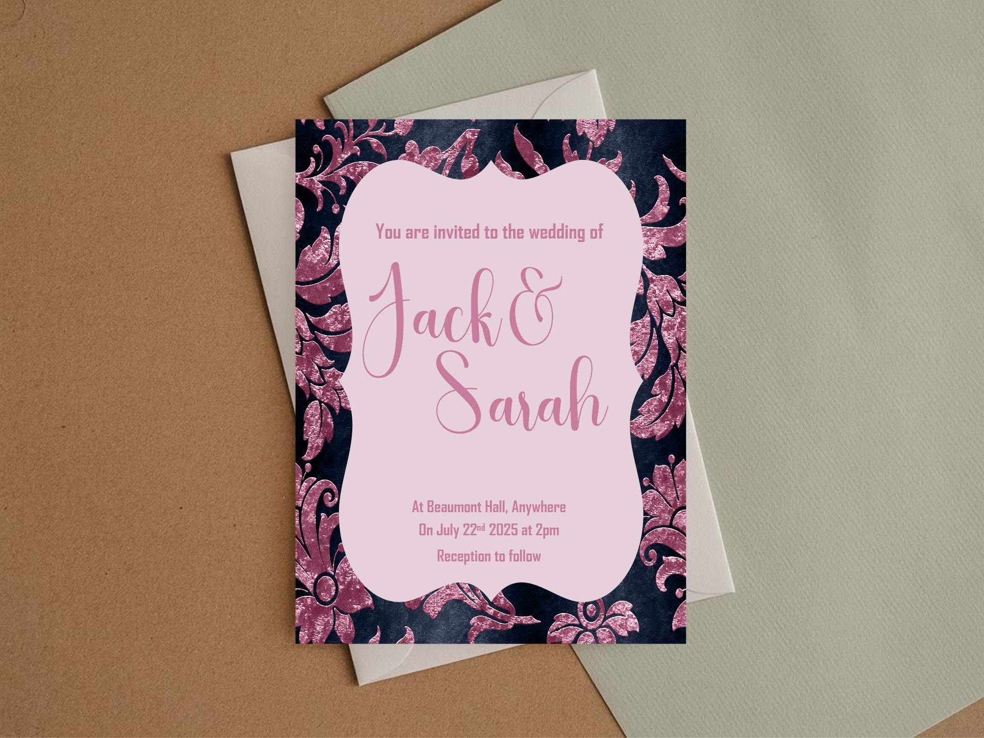 Damask Wedding Party Invitations & Envelopes | Pack of 10 | Navy & Pink