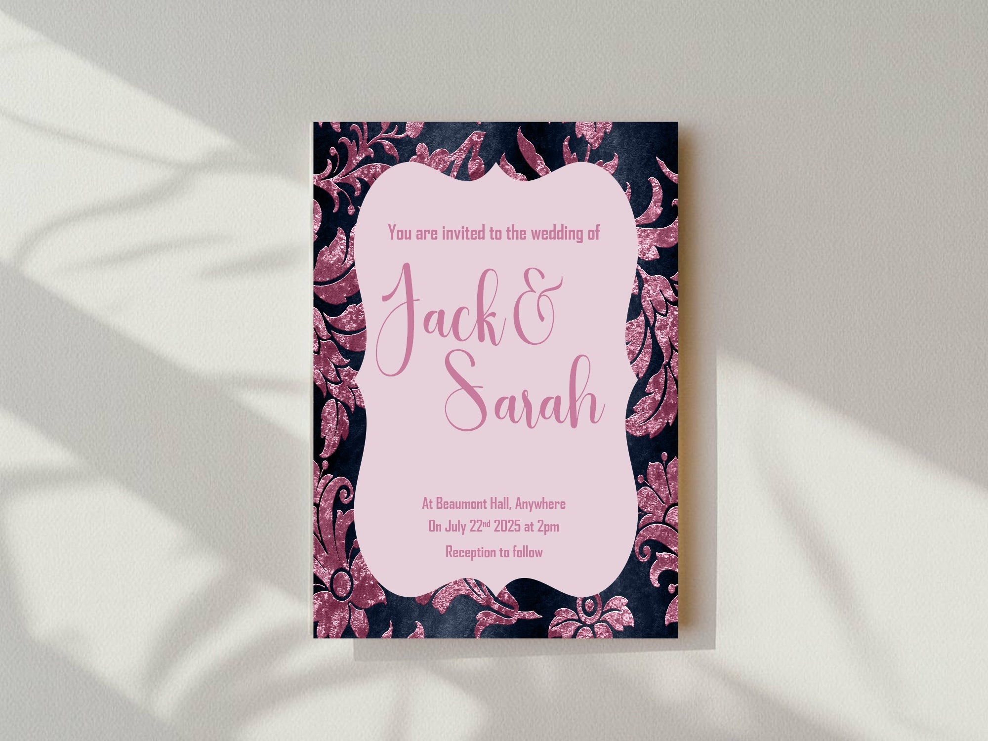 Damask Wedding Party Invitations & Envelopes | Pack of 10 | Navy & Pink