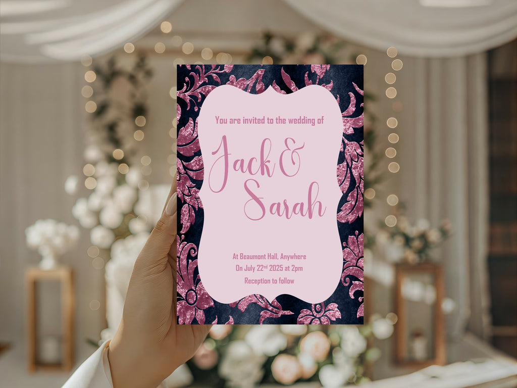 Damask Wedding Party Invitations & Envelopes | Pack of 10 | Navy & Pink