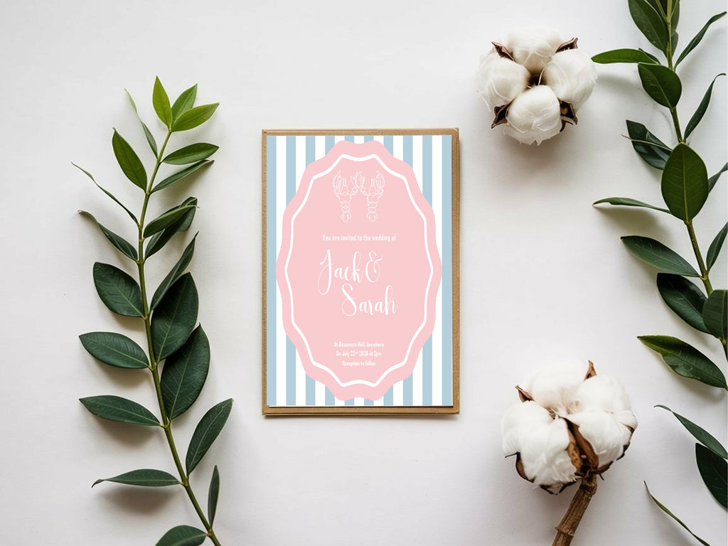 Pink & Blue Lobster Wedding Party Invitations & Envelopes | Pack of 10