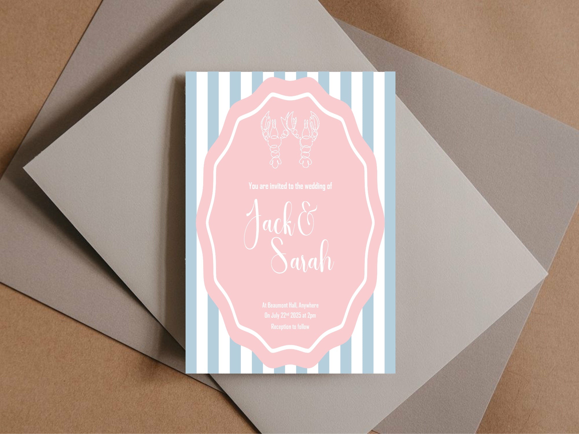 Pink & Blue Lobster Wedding Party Invitations & Envelopes | Pack of 10