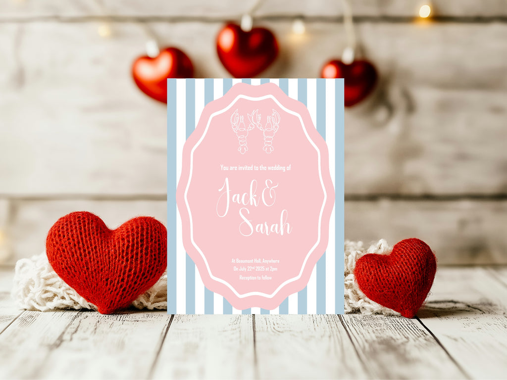 Pink & Blue Lobster Wedding Party Invitations & Envelopes | Pack of 10