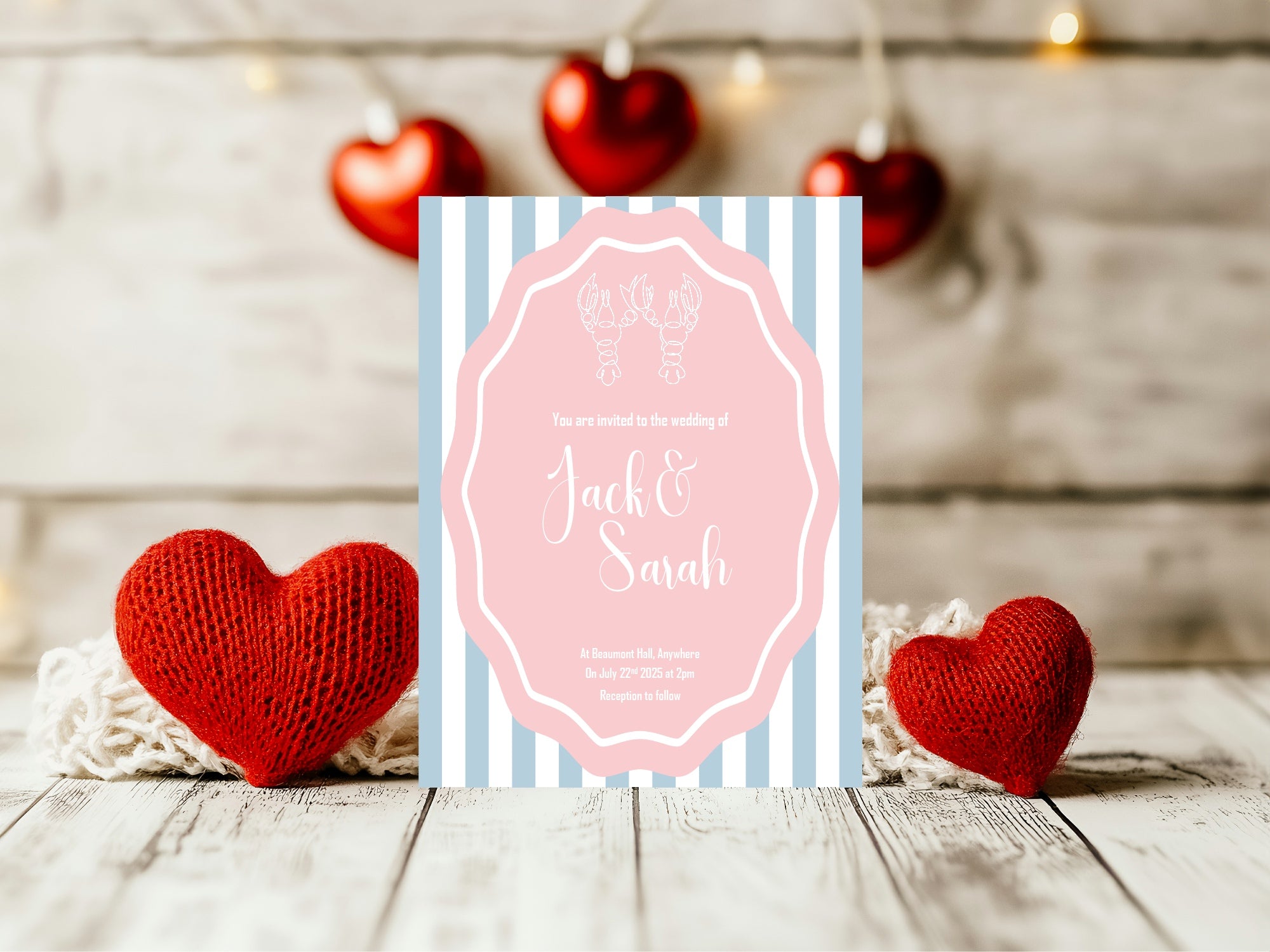 Pink & Blue Lobster Wedding Party Invitations & Envelopes | Pack of 10