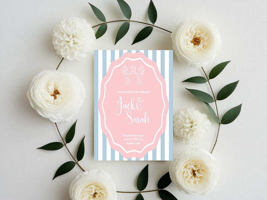 Pink & Blue Lobster Wedding Party Invitations & Envelopes | Pack of 10