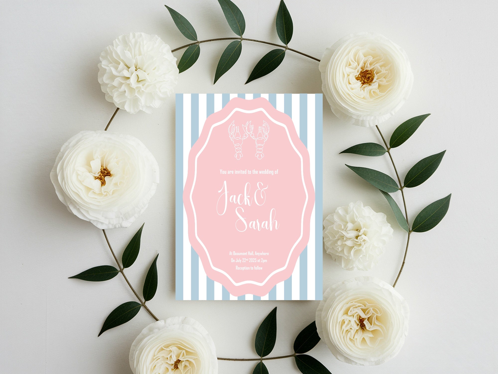 Pink & Blue Lobster Wedding Party Invitations & Envelopes | Pack of 10