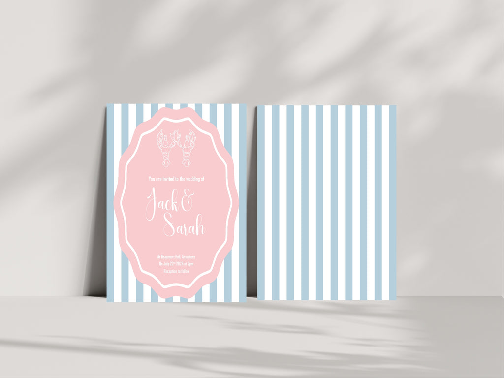 Pink & Blue Lobster Wedding Party Invitations & Envelopes | Pack of 10