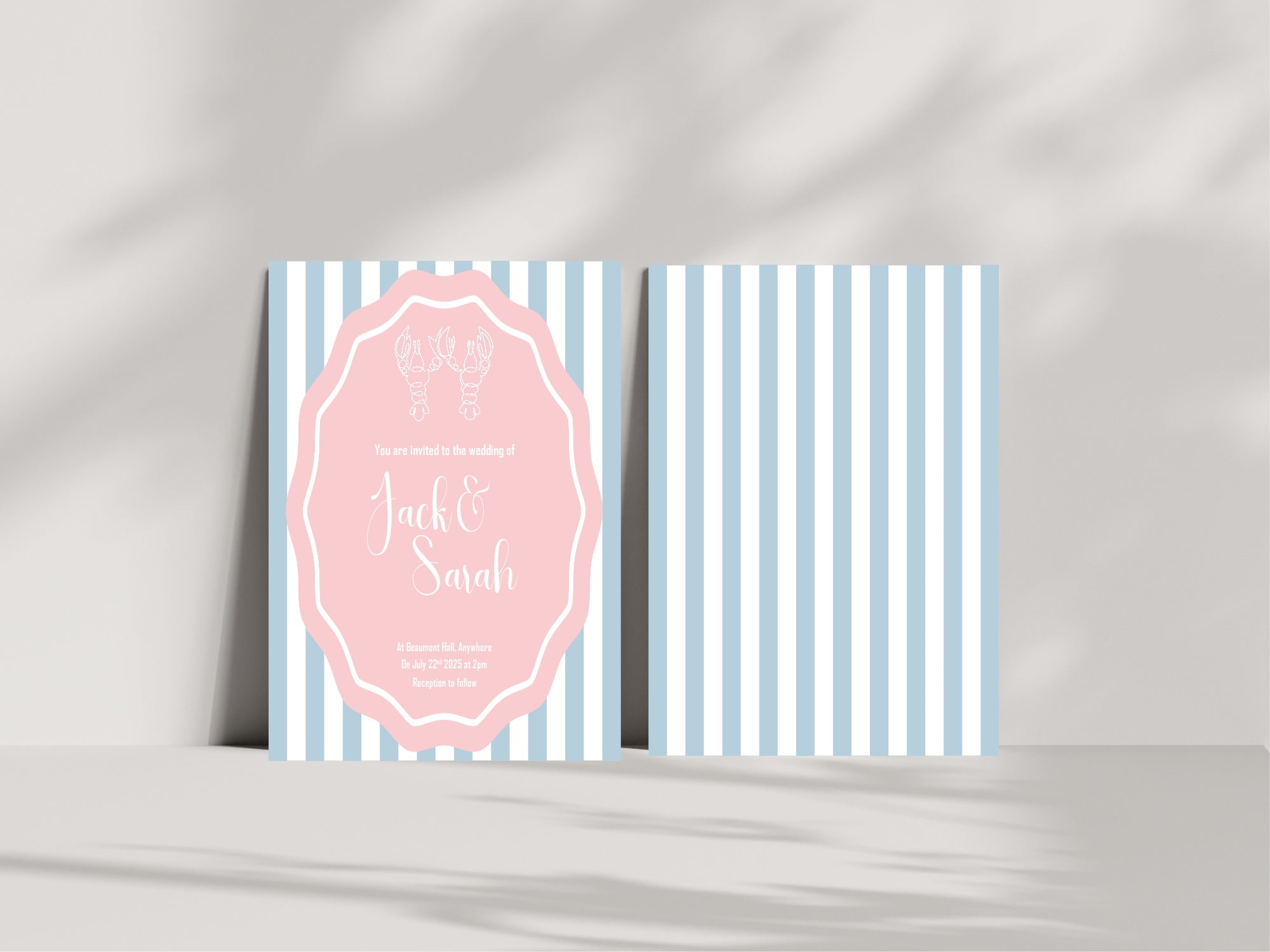Pink & Blue Lobster Wedding Party Invitations & Envelopes | Pack of 10