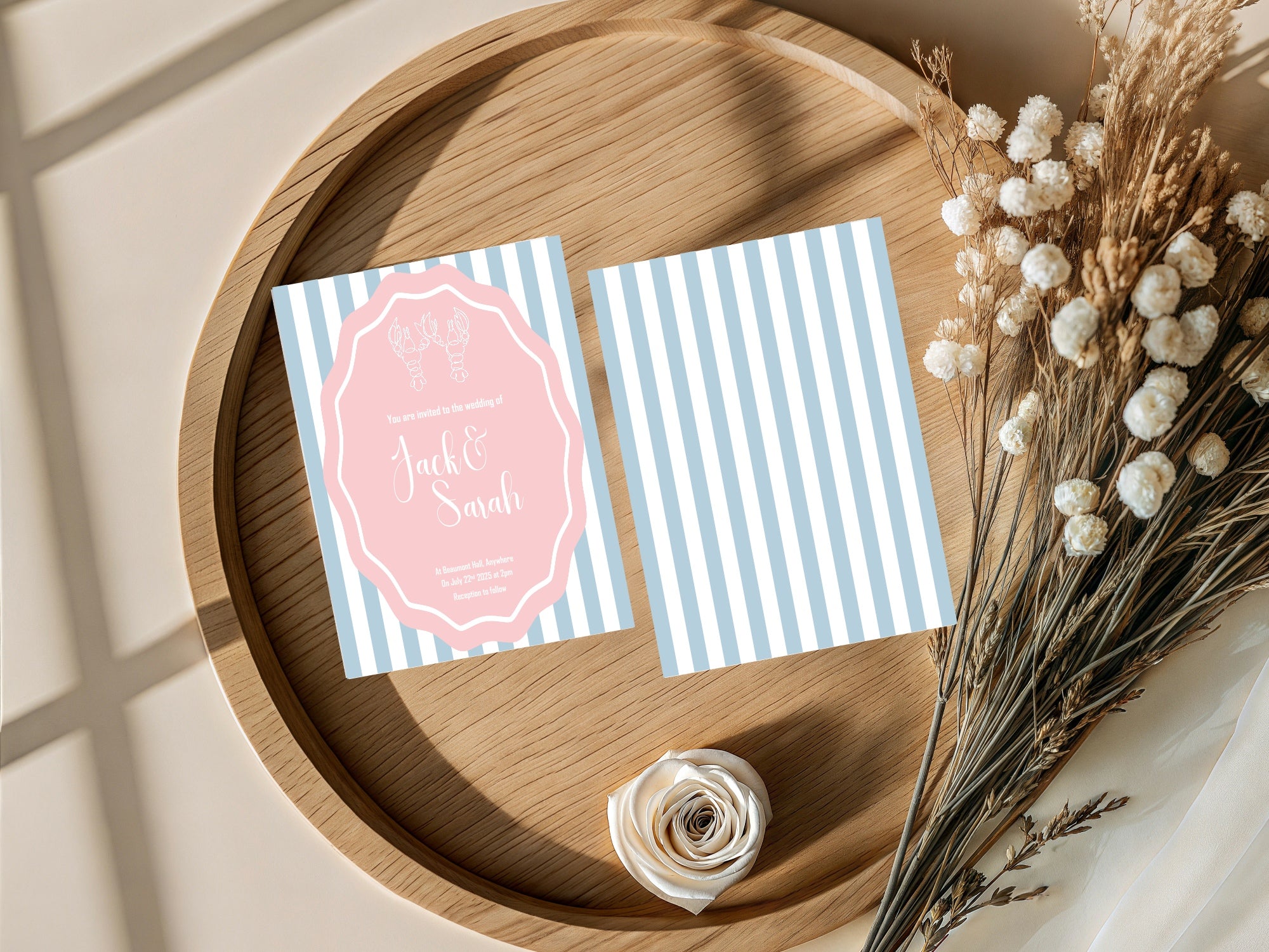 Pink & Blue Lobster Wedding Party Invitations & Envelopes | Pack of 10