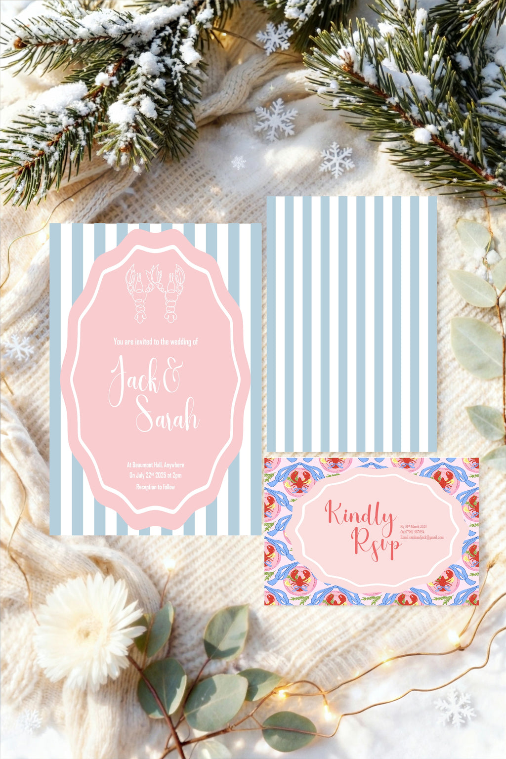 Pink & Blue Lobster Wedding Party Invitations & Envelopes | Pack of 10